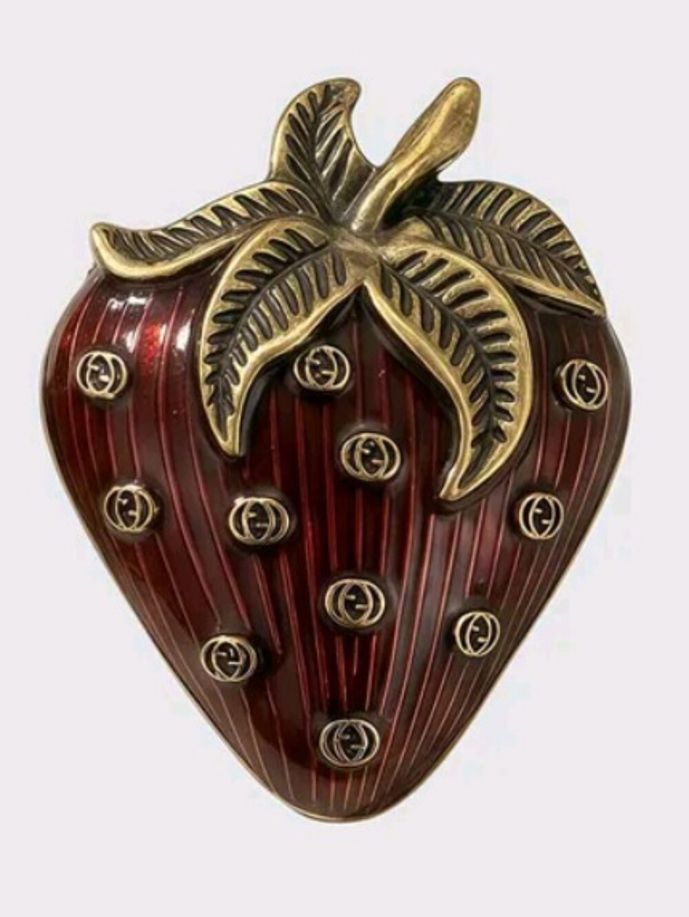 Gold-Top Red Enamel Strawberry Brooch